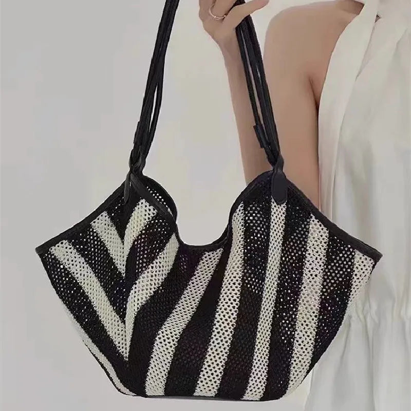 Josia Black & White Stripe Straw Tote Bag