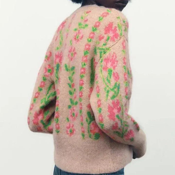 Emilee Sweet Floral Intarsia Cardigan Sweater