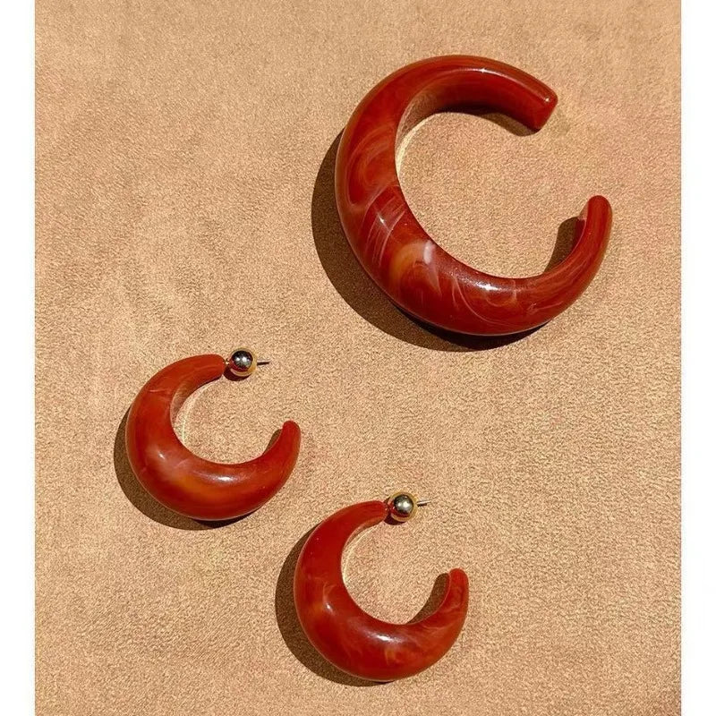 Vintage Red Jasper Resin Moon Earrings & Bracelet