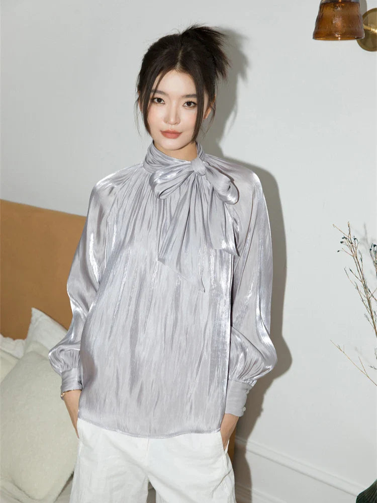 Jobelle Silver Glitter Bow Tie Neck Blouse