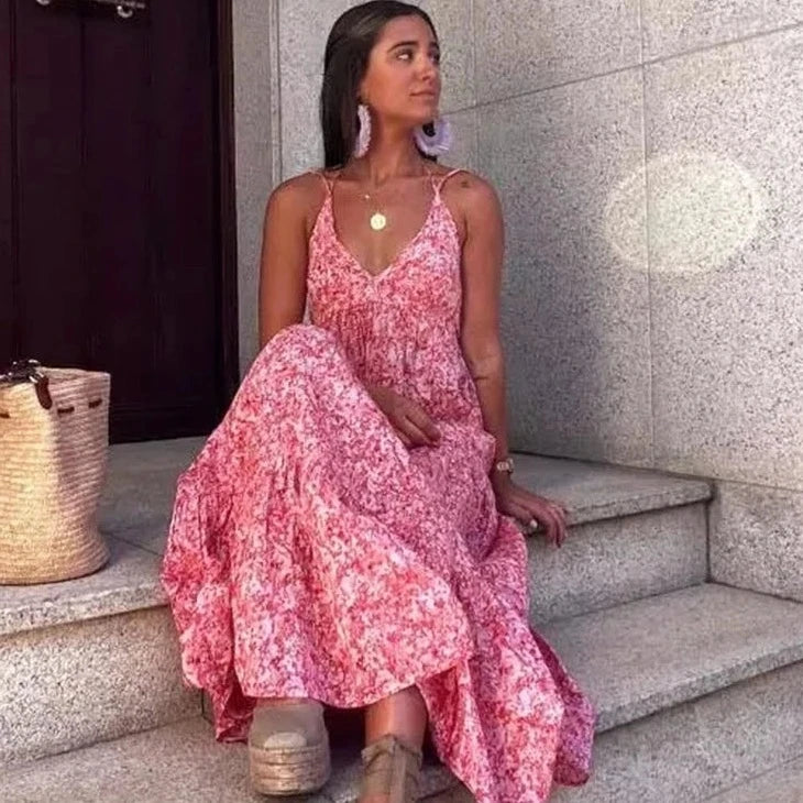 Brooke V-neck Pink Halter Sun Dress