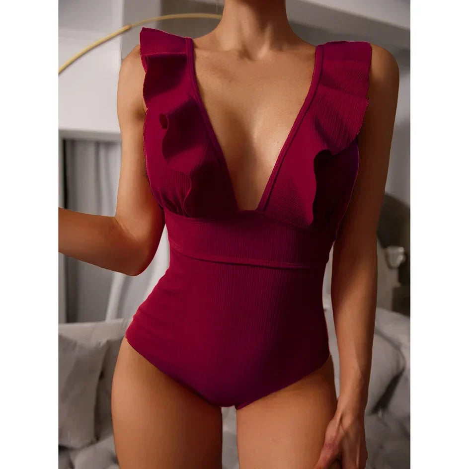 Ruffle Deep V Bodysuit One Piece Swimwear