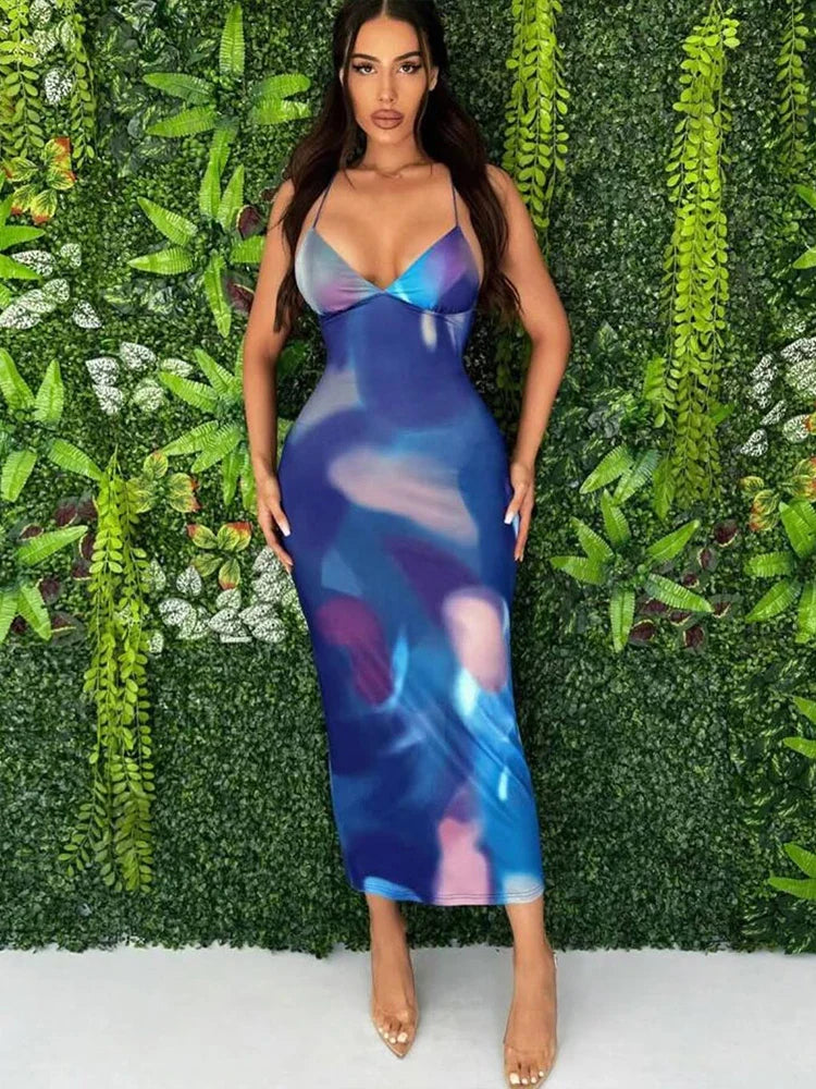 Tie Dye Backless Cross Midi Dress