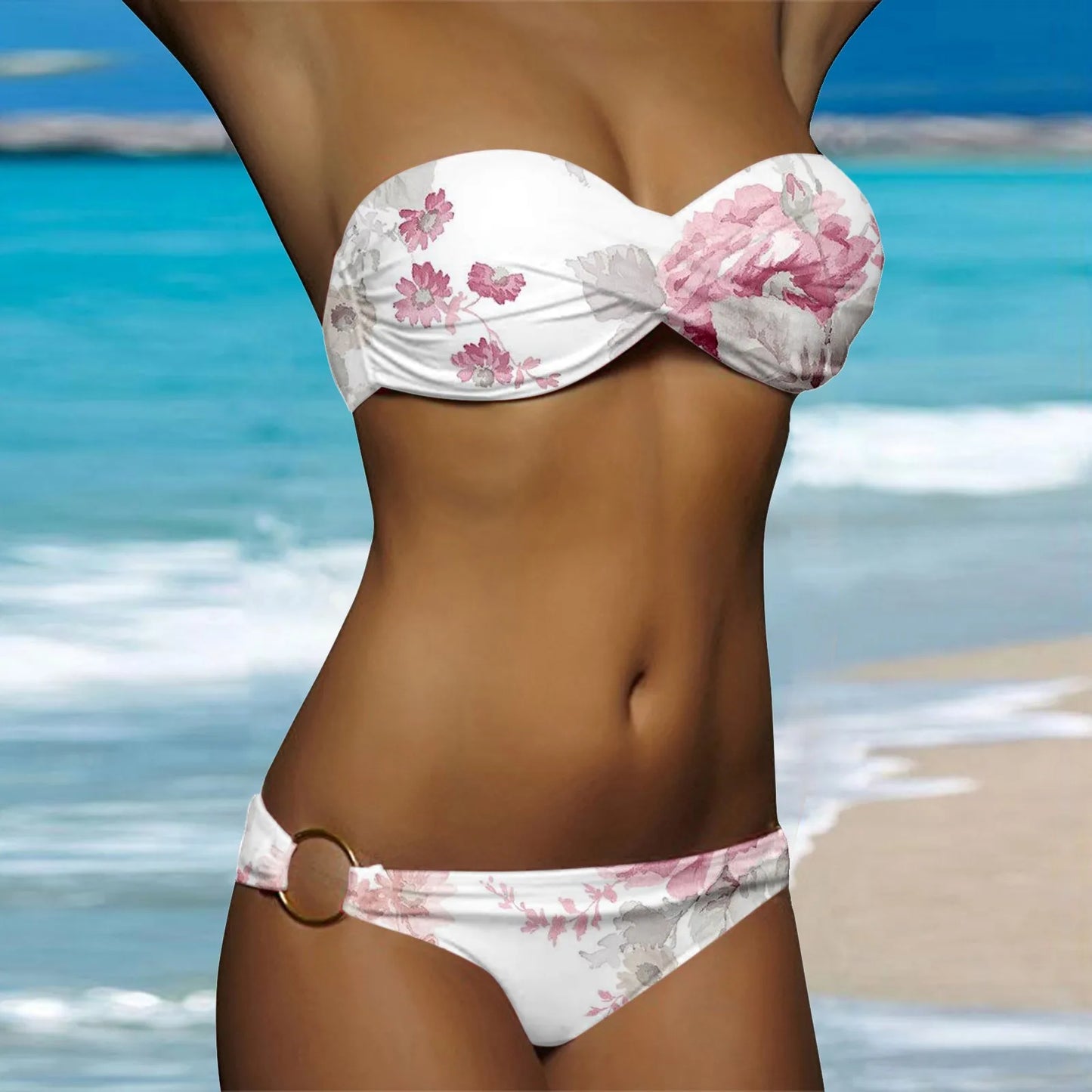 Ruched White Dot Print Two Piece Swim Sets