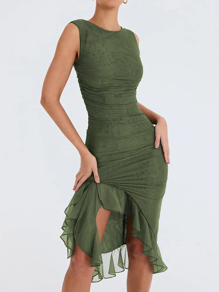 Elegant Ruffle Ruched Backless Midi Dress