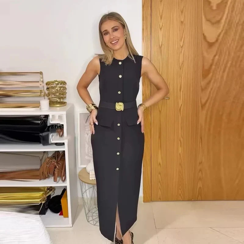 Black Sleeveless Midi Belt Button Office Work Dress