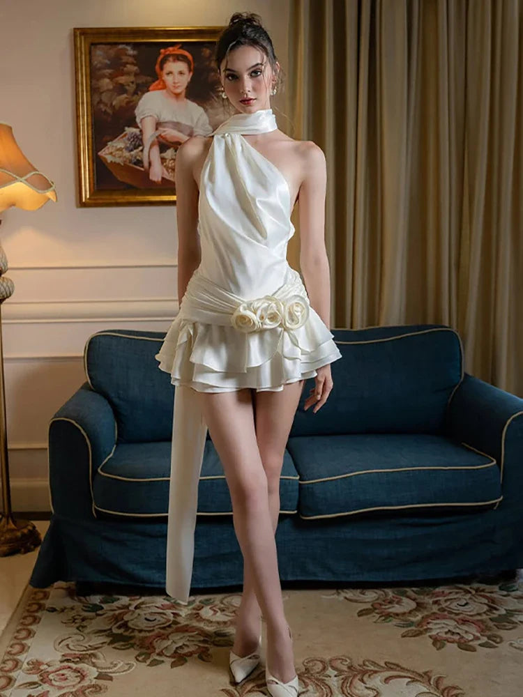 Satin 3D Flower Halter Floral Dress