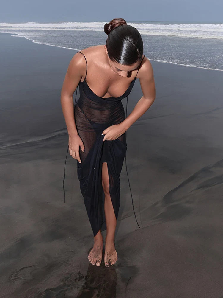 Sheer Mesh Swing Neck Midi Dress