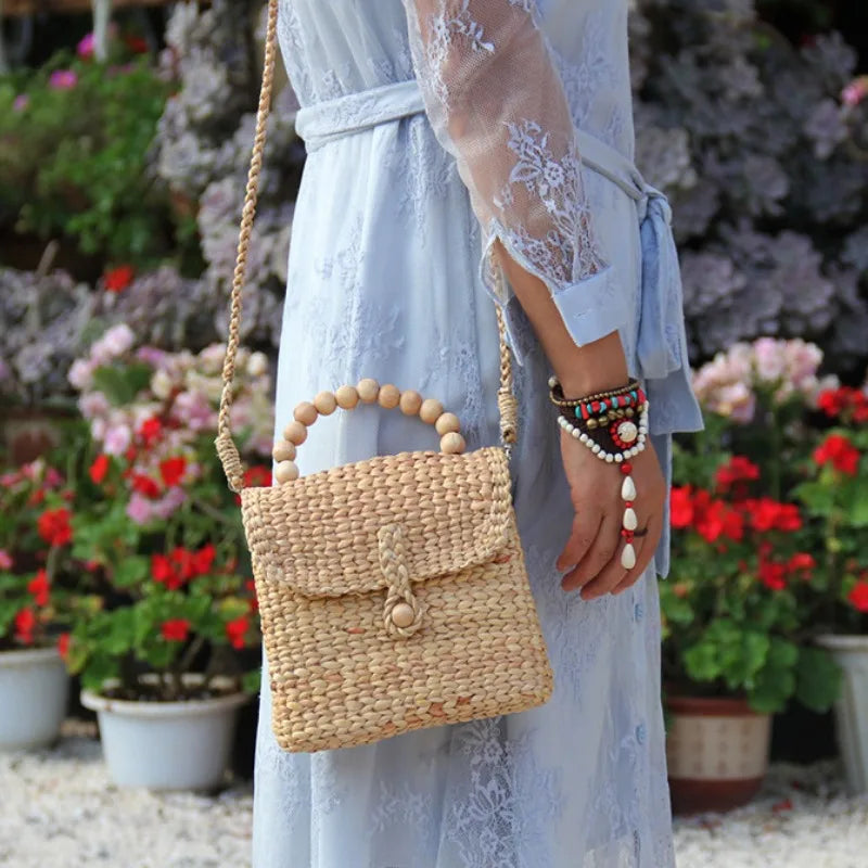 Cahya Wooden Bead Handle Straw Handbag