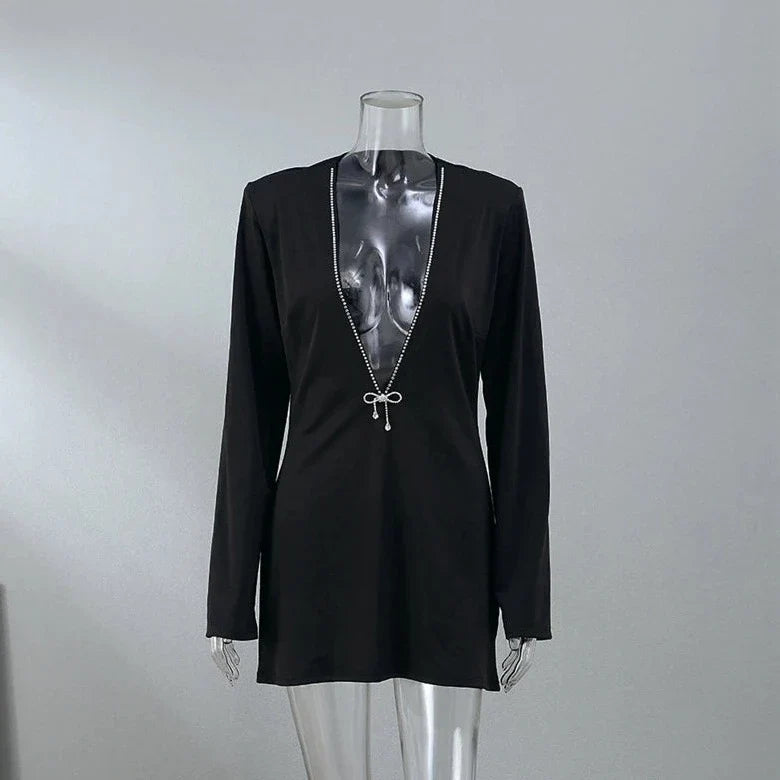 Maxim Crystal Bow Plunge Neck Mini Dress