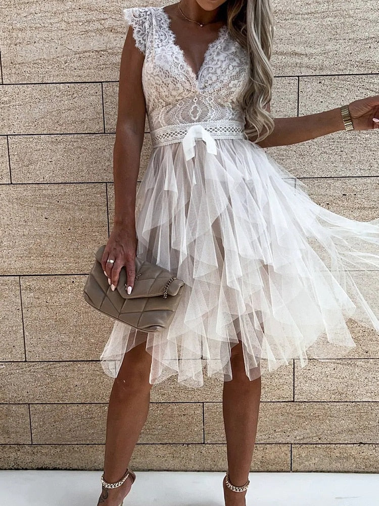 Lace Patchwork Asymmetrical White Dress Femme Sleeveless Slim Fit Party