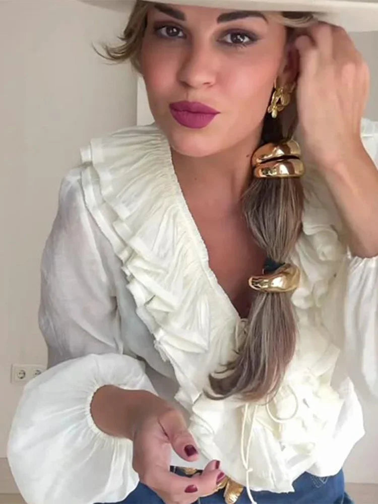 Ruffles Lace Up White V-neck Flared Blouse