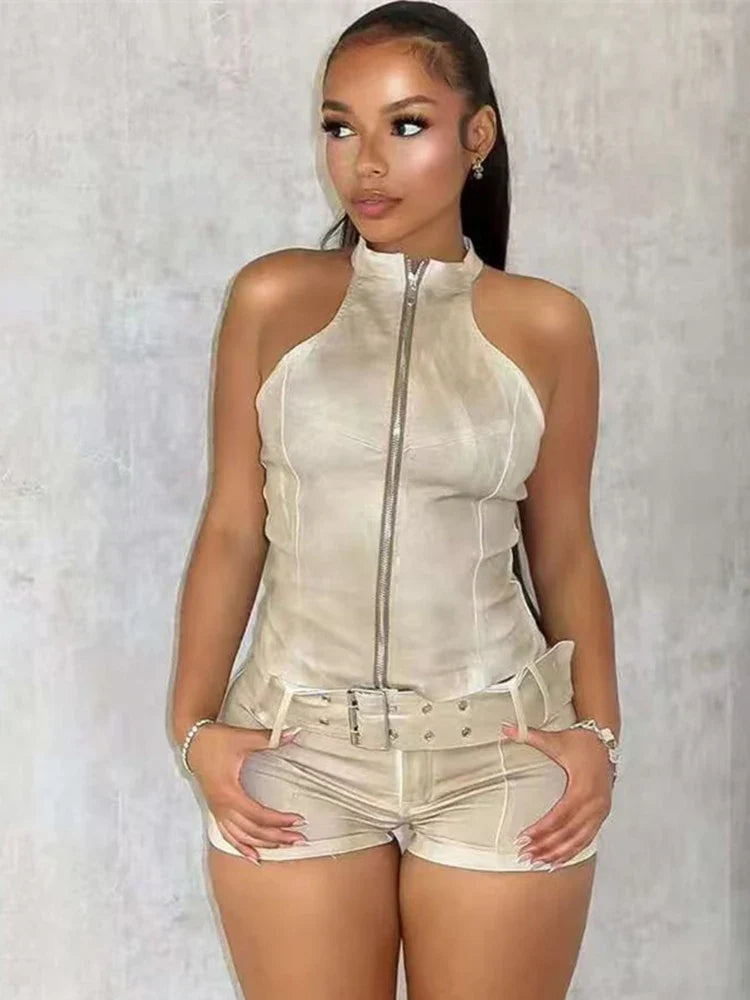 Distressed Denim Zipper Sleeveless Crop Top Two Piece Shorts Set