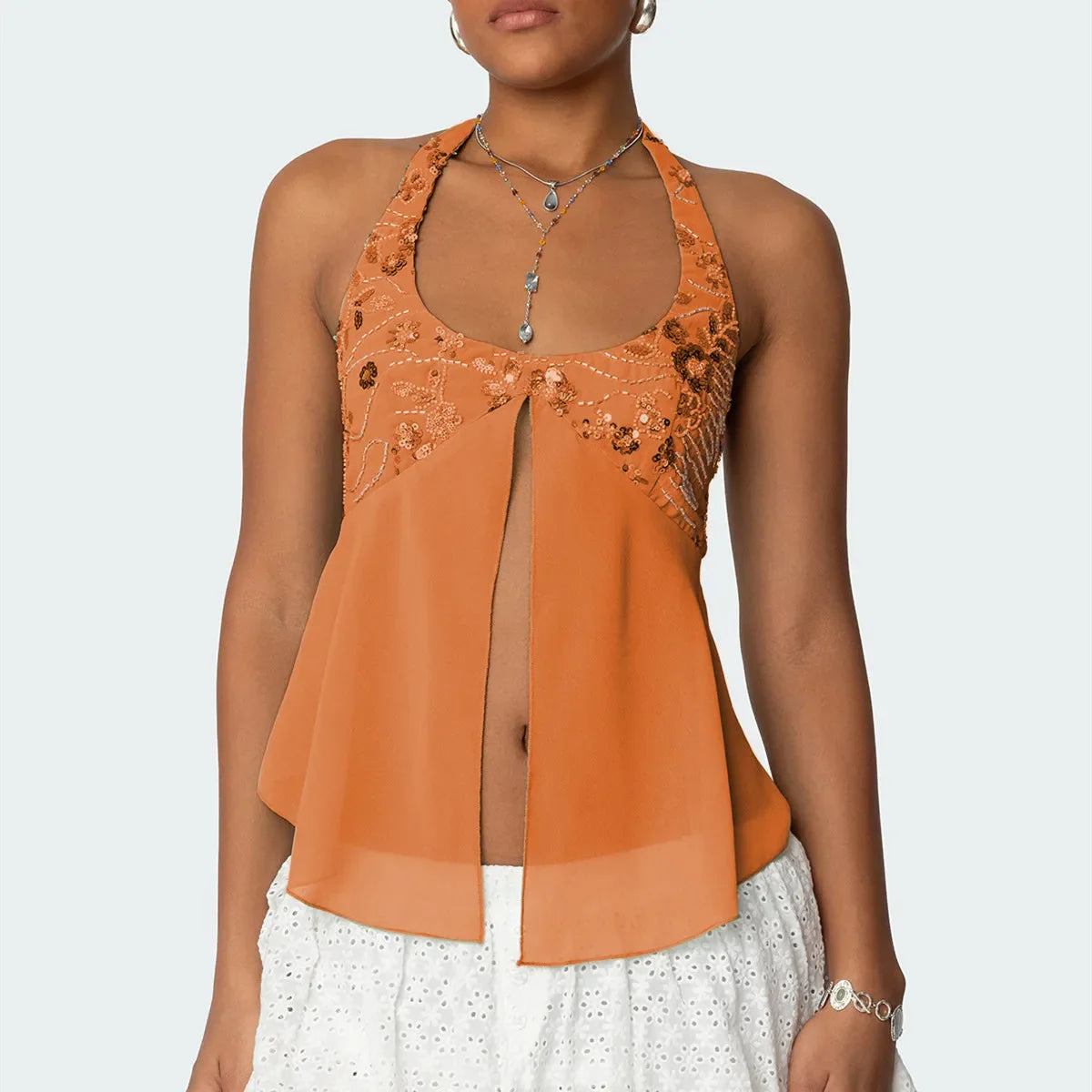 Sequin Chiffon Mesh Halter Backless Sheer Top
