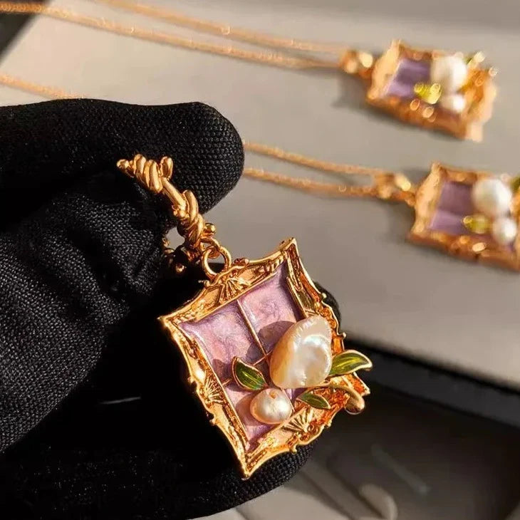 Vintage Pearl Gold Baroque Frame Flower Earrings & Necklace