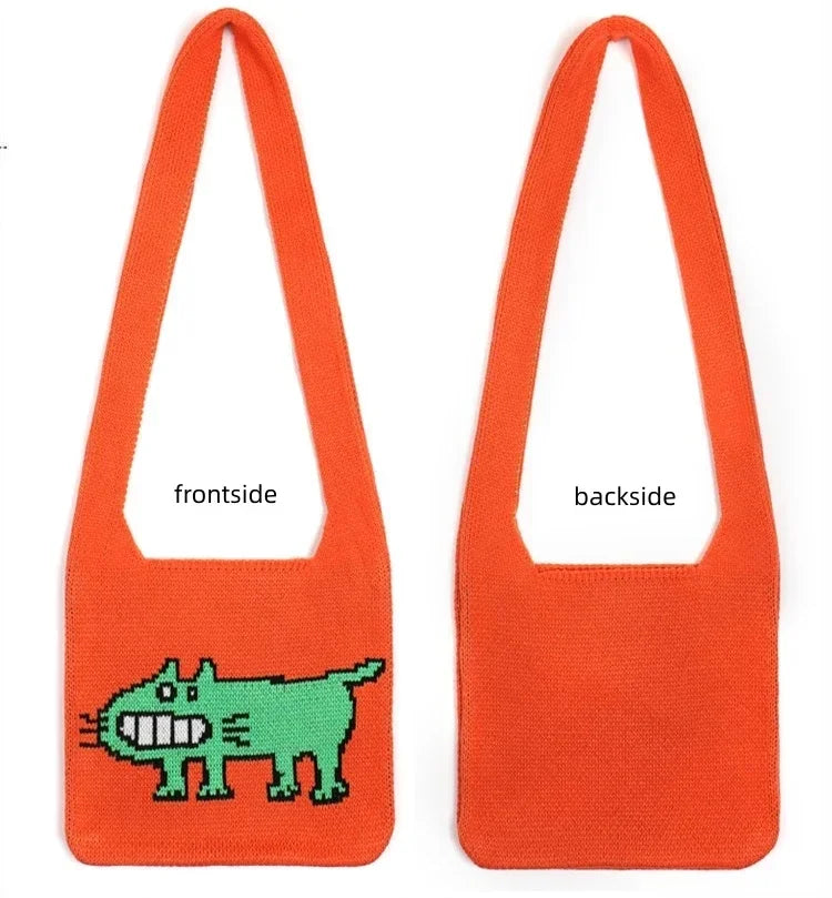 Cartoon Dog Intarsia Knit Bag