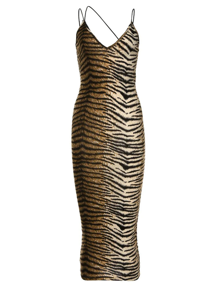 Tiger Print Spaghetti Strap V-Neck Party Clubwear Maxi Dress
