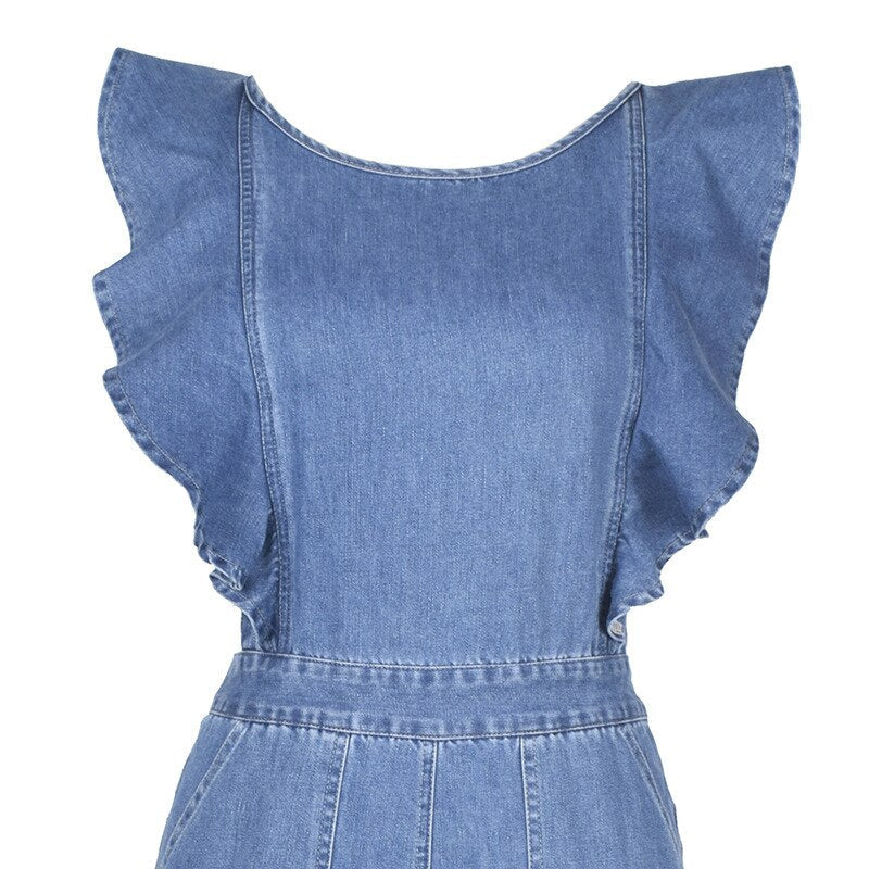 Shila Ruffle Sleeve Backless Denim Jumpsuit