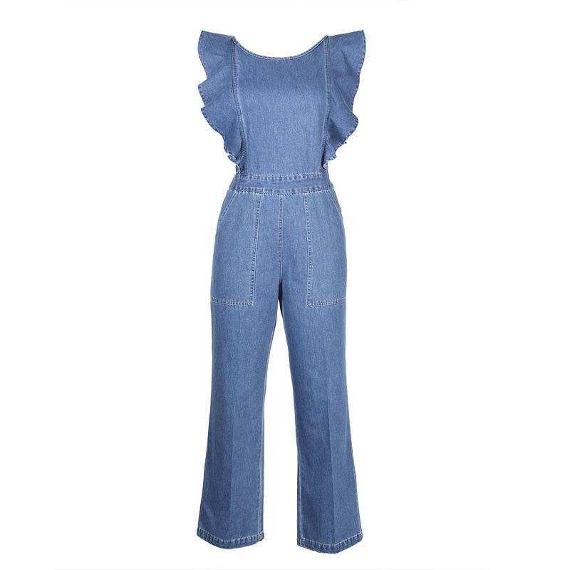 Shila Ruffle Sleeve Backless Denim Jumpsuit