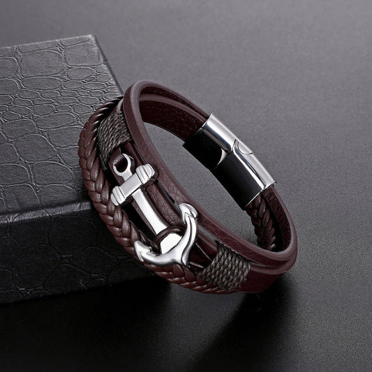 Ship Anchor Leather Bracelet