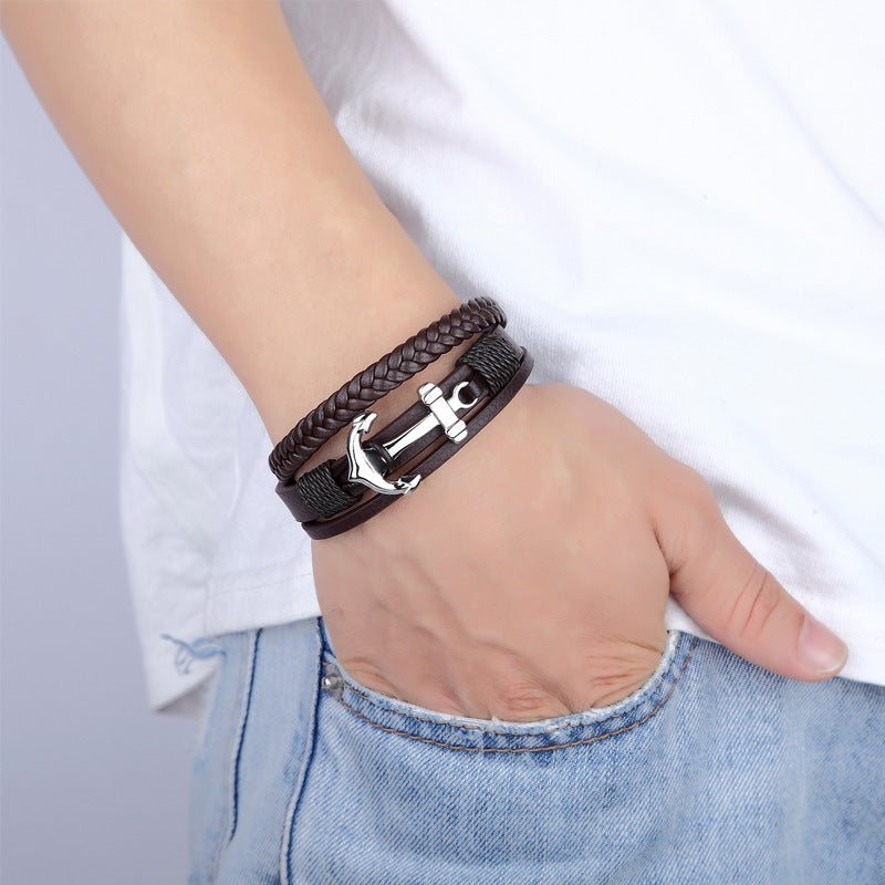 Ship Anchor Leather Bracelet