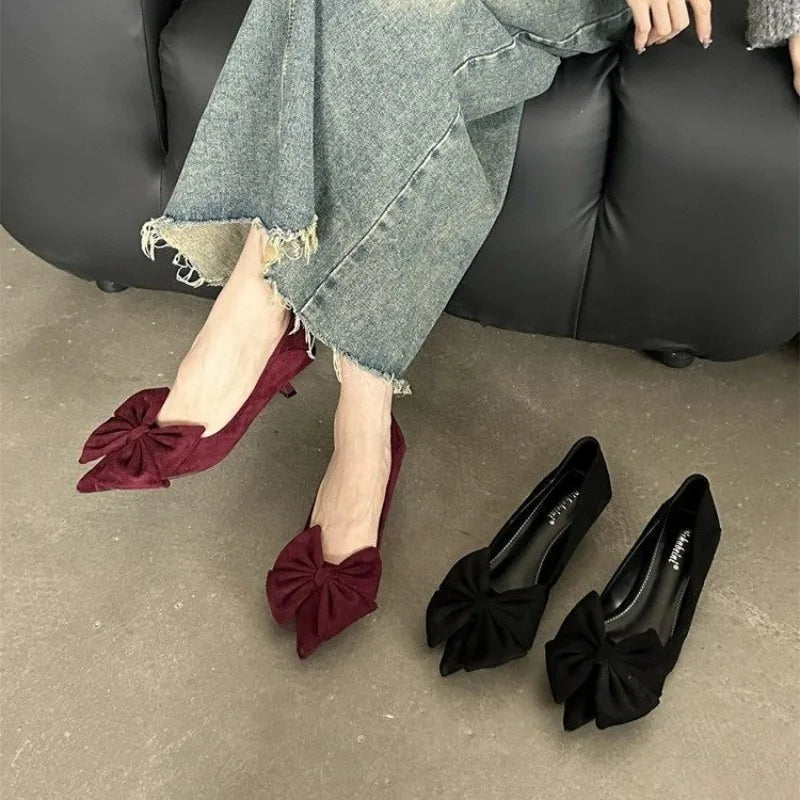 Autumn Elegant Butterfly Knot Stylish Pointed Toe Stiletto Low Heel Pumps