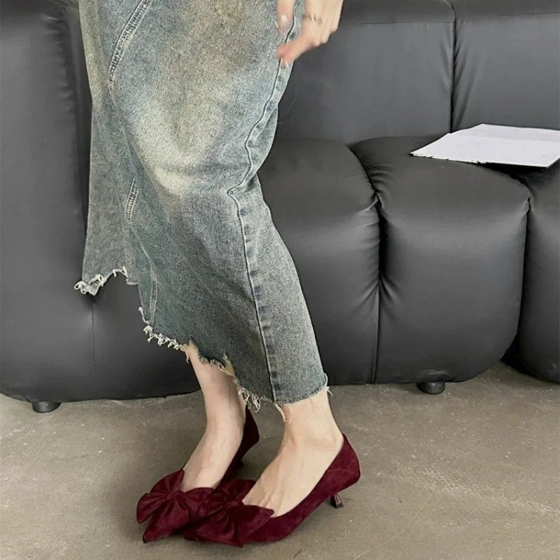 Autumn Elegant Butterfly Knot Stylish Pointed Toe Stiletto Low Heel Pumps