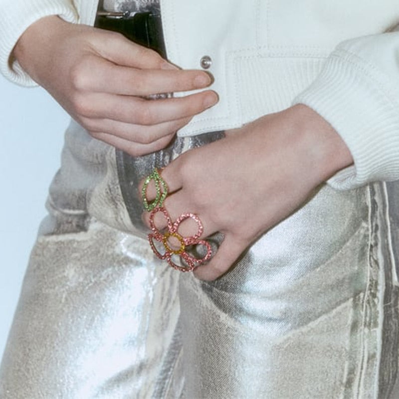Sien Big Colorful Rhinestone Flower Double Finger Ring