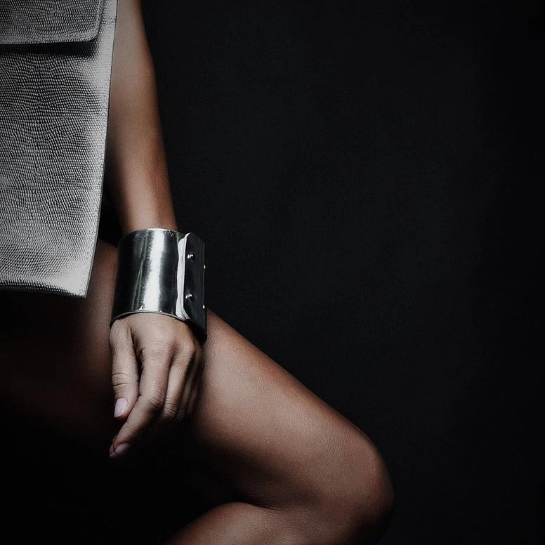 Silver Metallic Cylinder Leather Bracelet