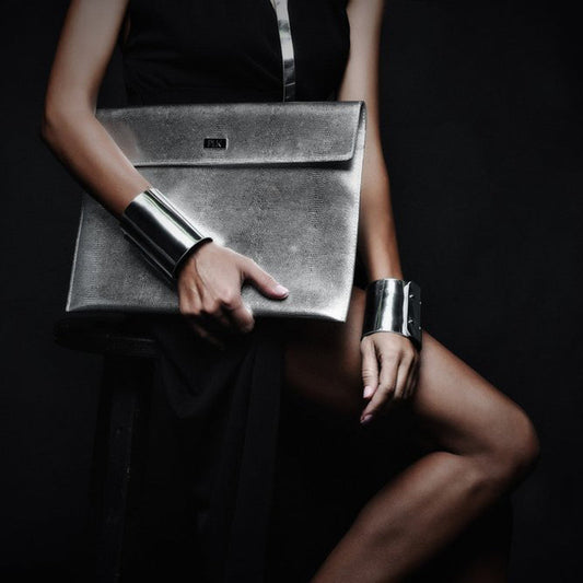 Silver Metallic Cylinder Leather Bracelet