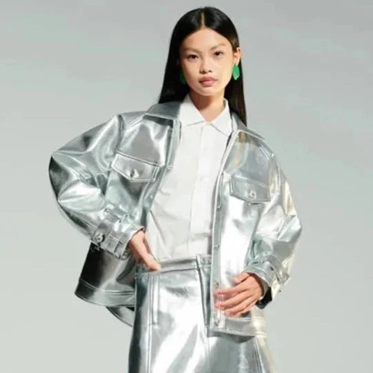 Silver Patent Faux Leather Boxy Jacket