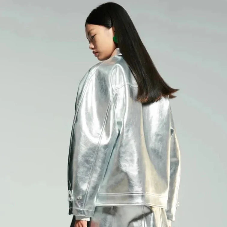 Silver Patent Faux Leather Boxy Jacket