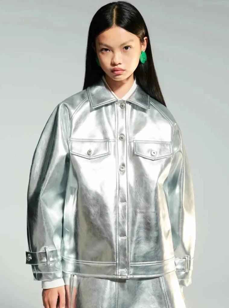 Silver Patent Faux Leather Boxy Jacket