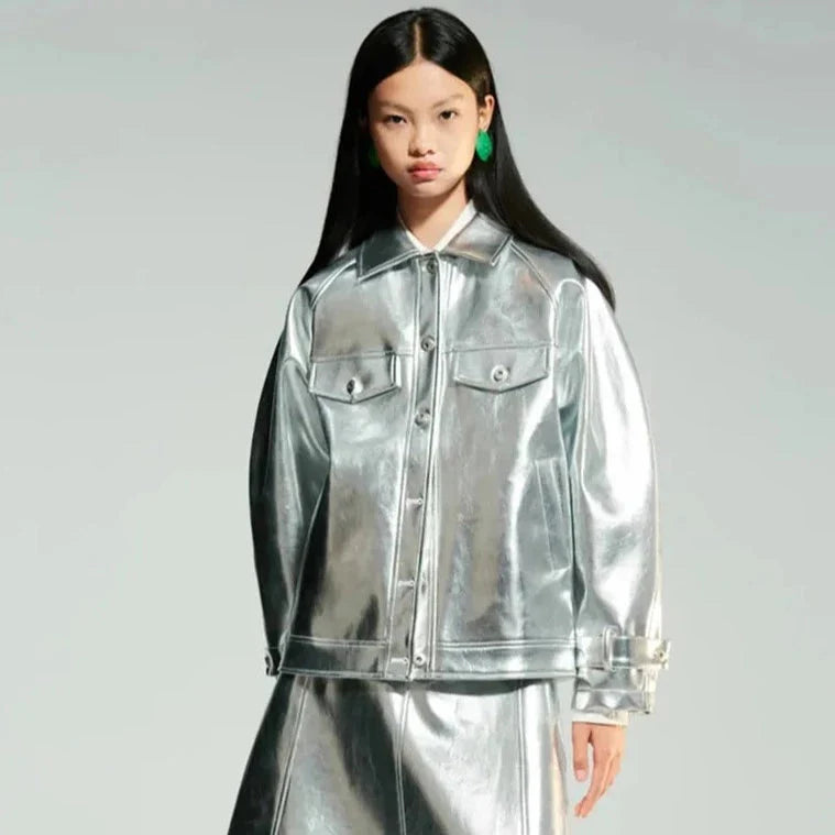 Silver Patent Faux Leather Boxy Jacket