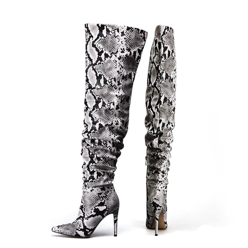 Slouchy Thigh High Snakeskin Print Boots