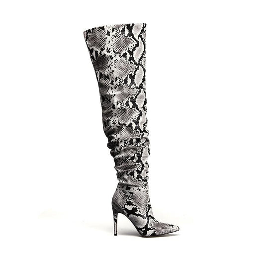 Slouchy Thigh High Snakeskin Print Boots