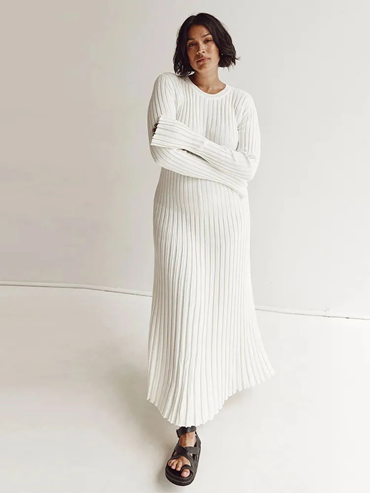 White Pleated Long Robes Summer Lady Office Maxi Dress