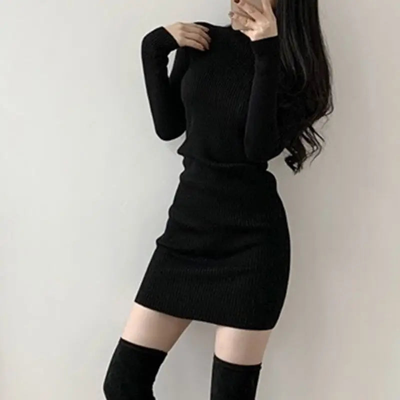 Solid Cotton Korean Fashion Knit Clothing Bodycon Dress