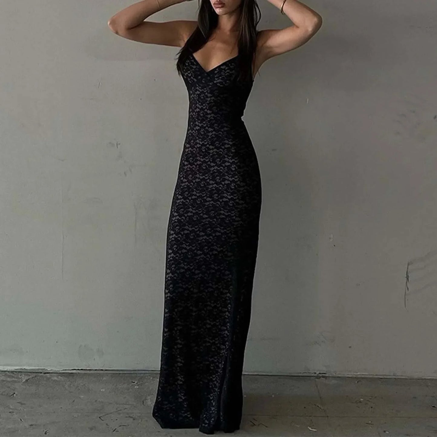 Elegant Solid Lace See Through Spaghetti Strap  Backless Maxi Summer Party Dress
