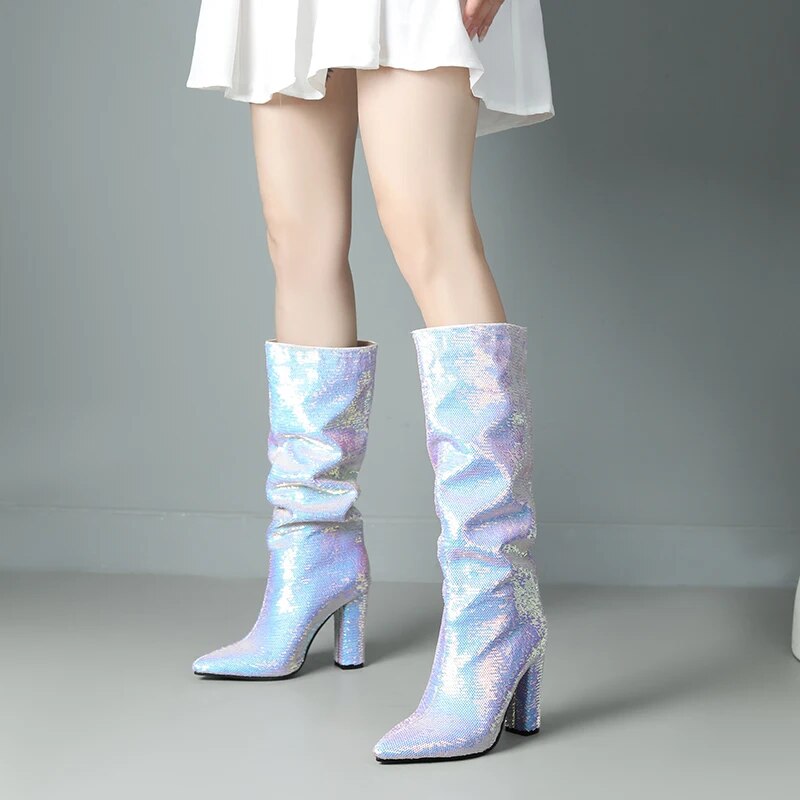 Stafa Mermaid Sequin Metallic Knee High Boots