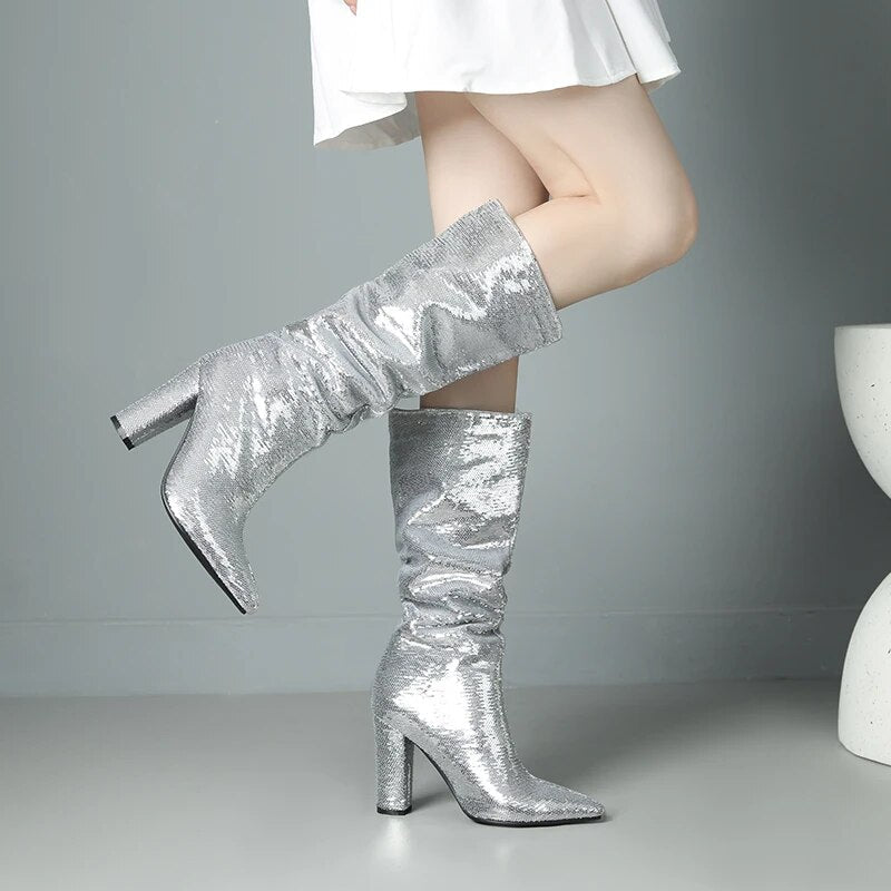 Stafa Mermaid Sequin Metallic Knee High Boots