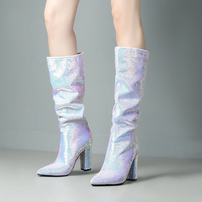 Stafa Mermaid Sequin Metallic Knee High Boots
