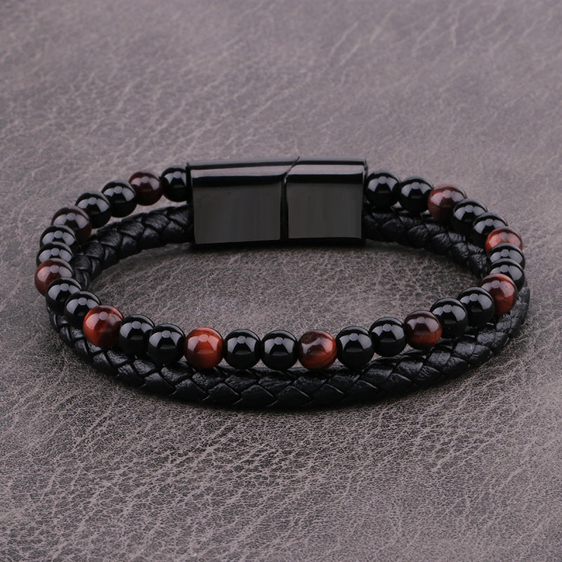 Stone Beads & Braid Leather Bracelet