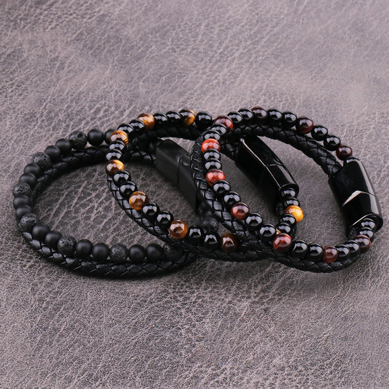 Stone Beads & Braid Leather Bracelet