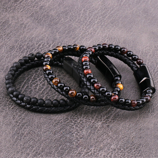 Stone Beads & Braid Leather Bracelet