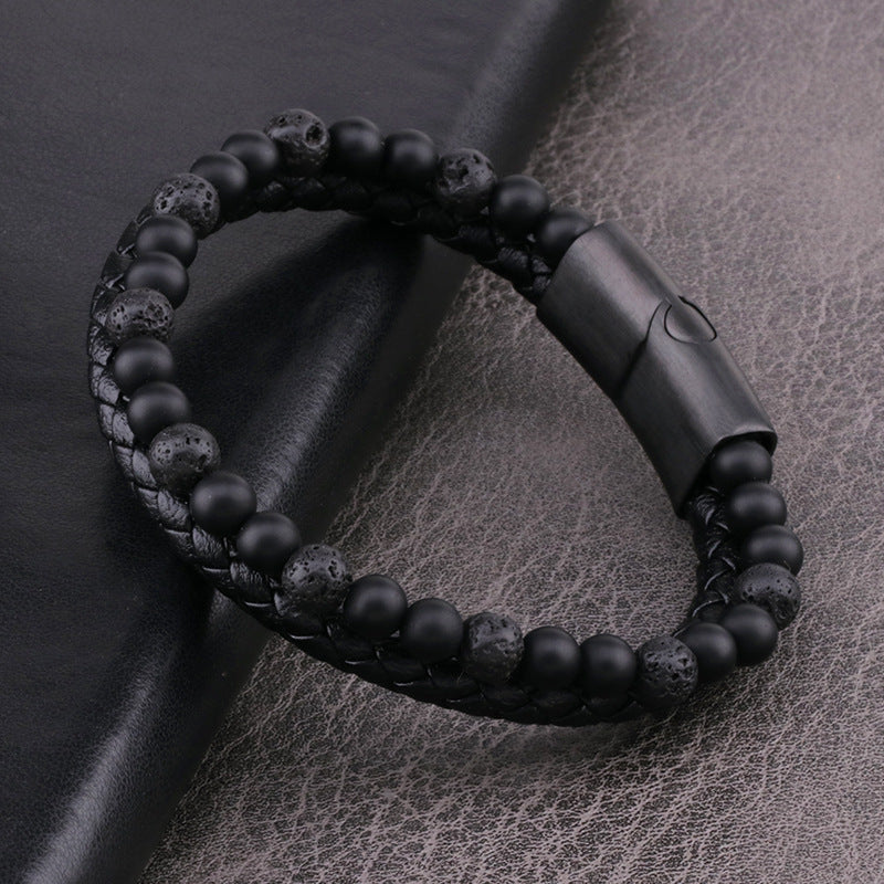 Stone Beads & Braid Leather Bracelet