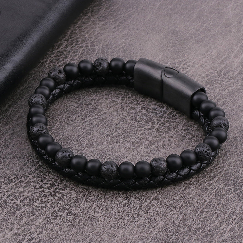 Stone Beads & Braid Leather Bracelet