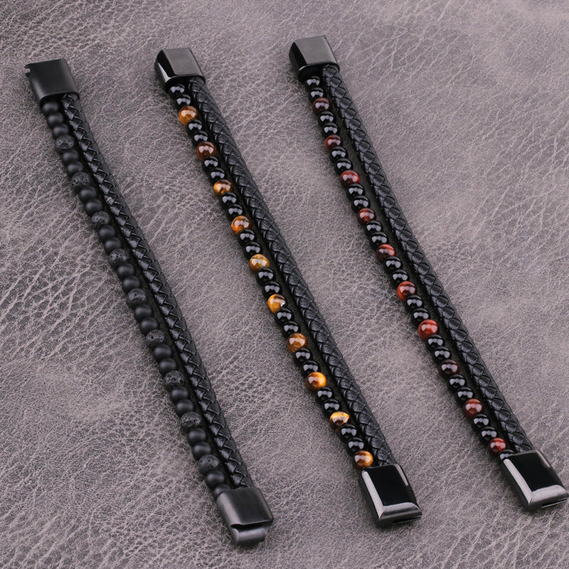 Stone Beads & Braid Leather Bracelet