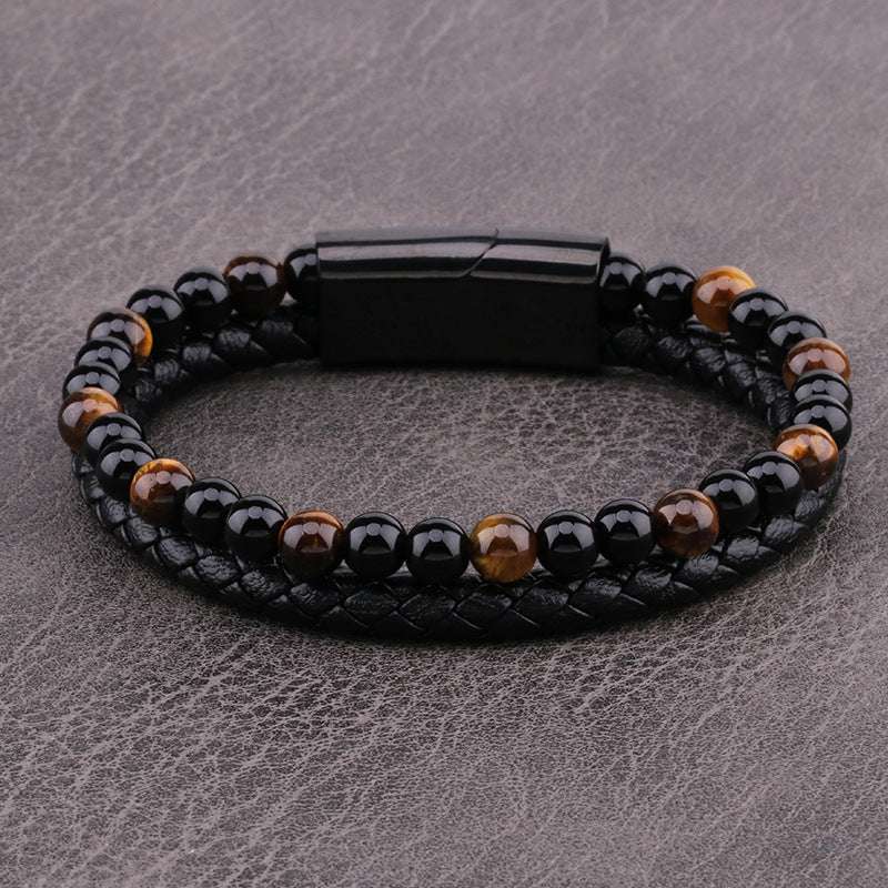 Stone Beads & Braid Leather Bracelet