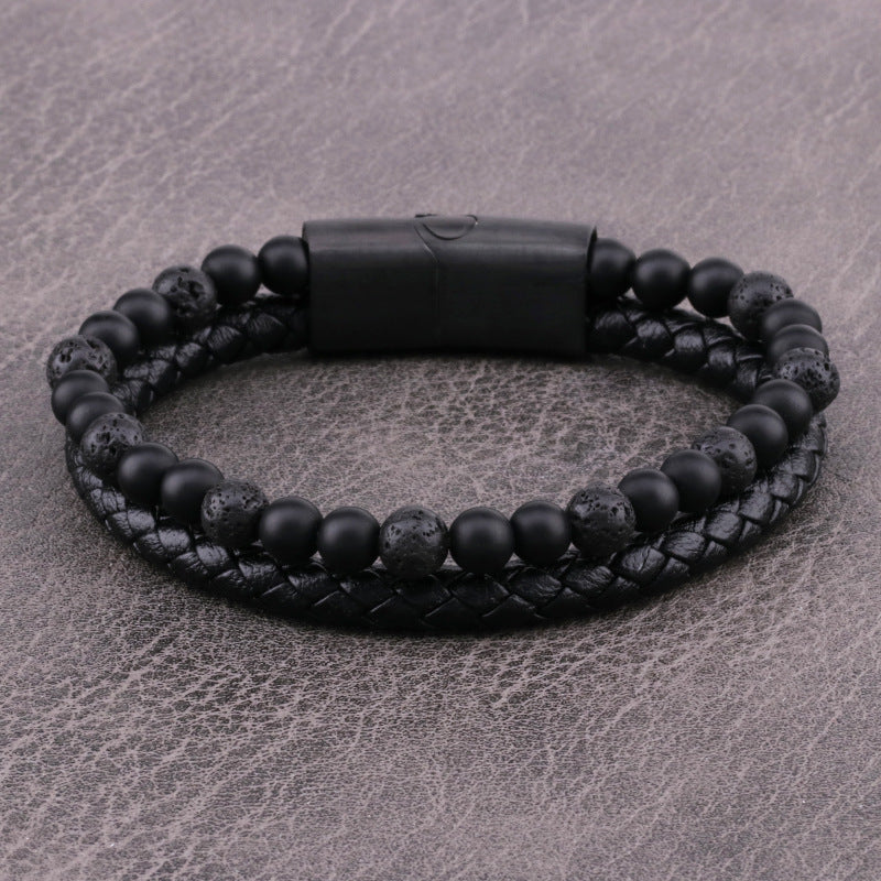 Stone Beads & Braid Leather Bracelet